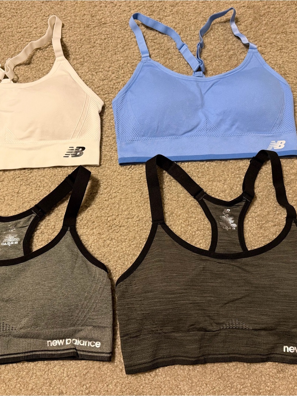 New Balance Women’s Seamless Sports Bras – Light Blue, Cream, Charcoal